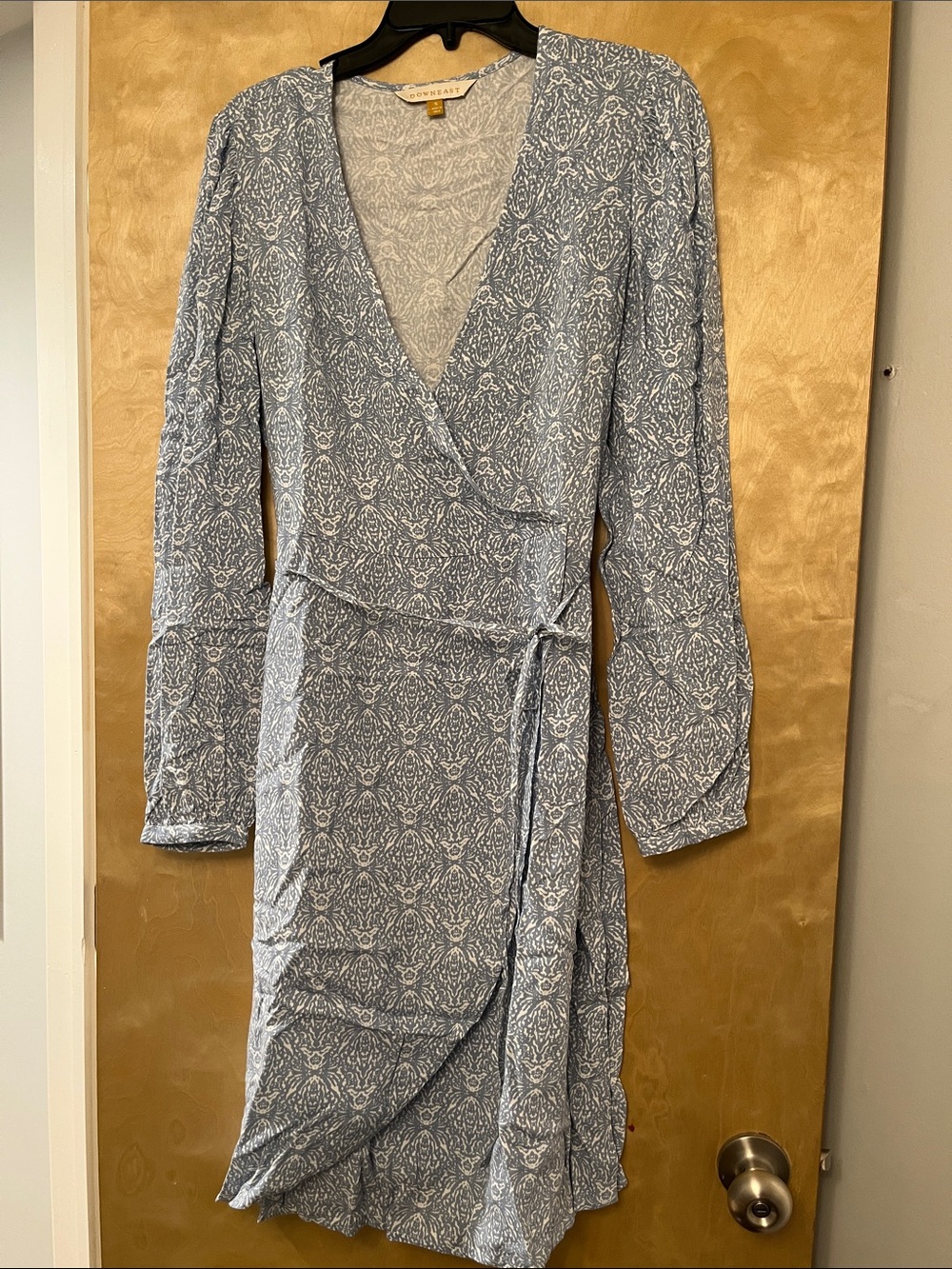 Never Worn Light Blue Printed Wrap Midi Dress with Long Sleeves